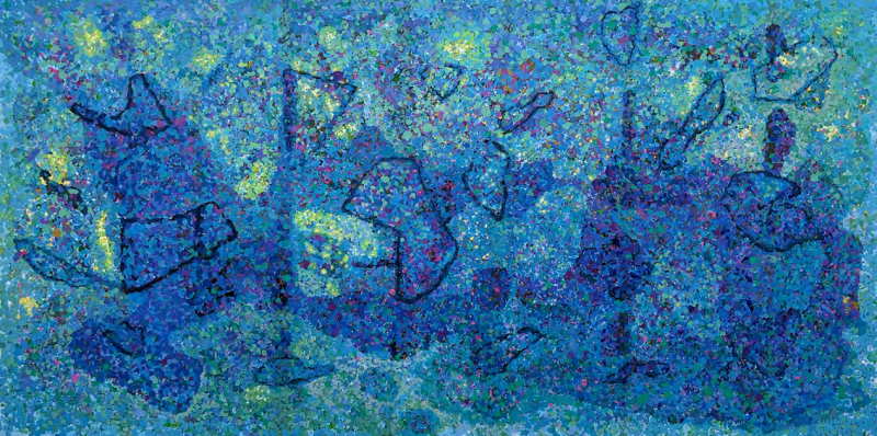 Untitled 8' abstract acrylic painting by artist Rambali Prajapati, 36x72 inch, on canvas