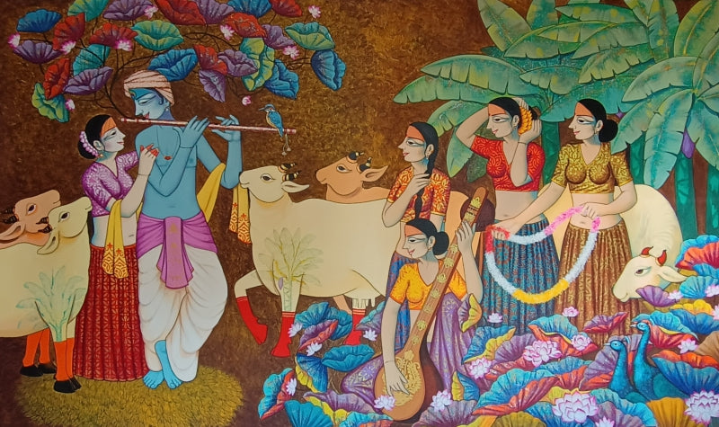Untitled 8' figurative acrylic painting by artist Pravin Utge, 72x120 inch, on canvas