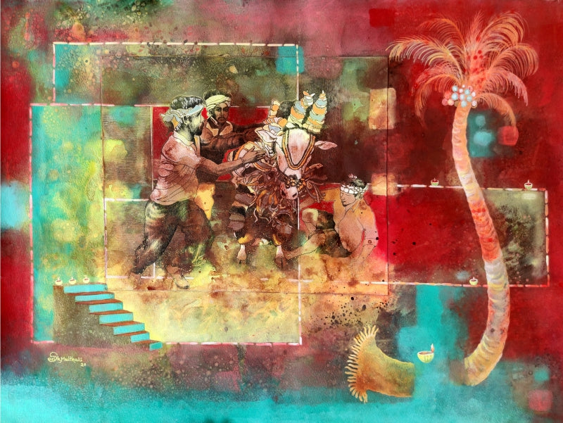 Untitled 8' contemporary mixed-media painting by artist Satish Multhalli, 21x29 inch, on canson paper