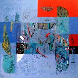 Untitled 8 (Blue and Red Contrast) by Vivek Nimbolkar, Original Acrylic Abstract Painting on Canvas, Small Square Wall Art