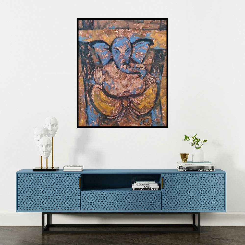 Santoshkumar Patil's 'Untitled 82 (Ganesh in Blue Form)' painting visualized above a sofa in a contemporary room.