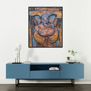 Santoshkumar Patil's 'Untitled 82 (Ganesh in Blue Form)' painting visualized above a sofa in a contemporary room.