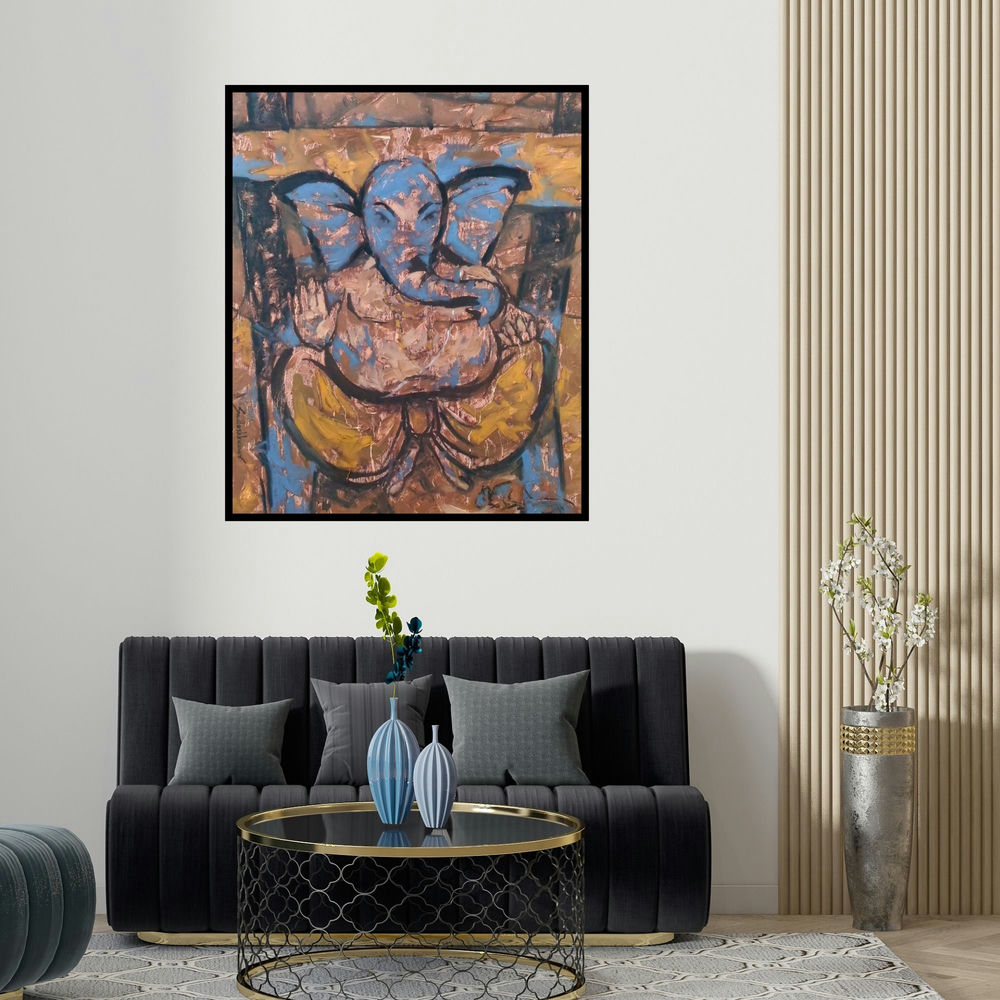 'Untitled 82 (Ganesh in Blue Form)' painting by Santoshkumar Patil shown on a wall in a furnished room.