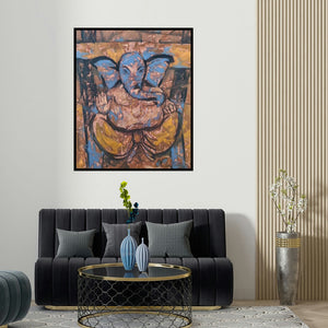 'Untitled 82 (Ganesh in Blue Form)' painting by Santoshkumar Patil shown on a wall in a furnished room.