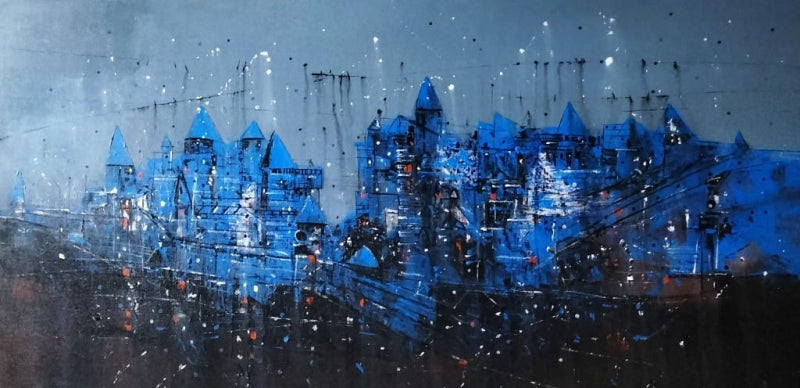 Untitled 82' abstract acrylic painting by artist Dnyaneshwar Dhavale, 36x72 inch, on canvas