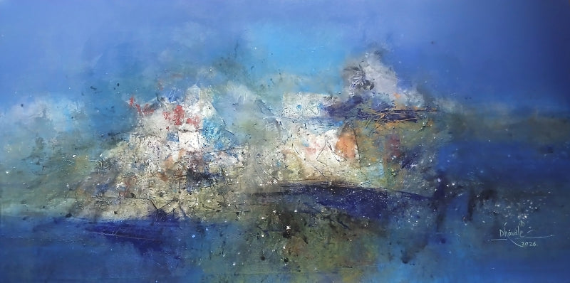 Untitled 83' abstract acrylic painting by artist Dnyaneshwar Dhavale, 36x72 inch, on canvas