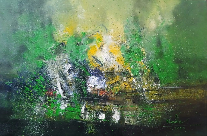 Untitled 86' abstract acrylic painting by artist Dnyaneshwar Dhavale, 47x71 inch, on canvas