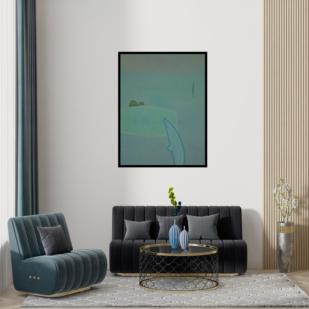 Preview of 'Untitled 9 (Serene Horizon: An Abstract Composition)' Painting by Bhushan Vaidhya shown on a wall in a furnished room.