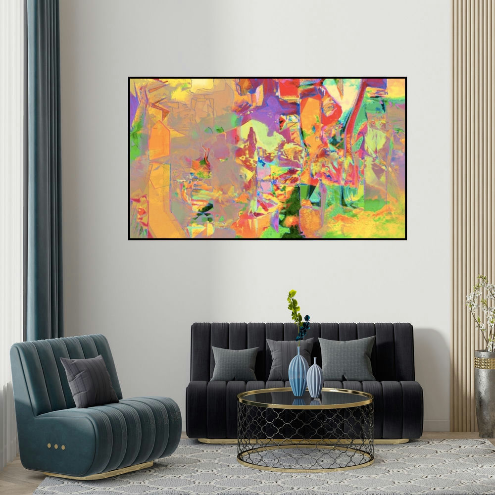 Sunil Balkawade's 'Untitled 9 (Abstract Urban Vision)' painting visualized above a sofa in a contemporary room.