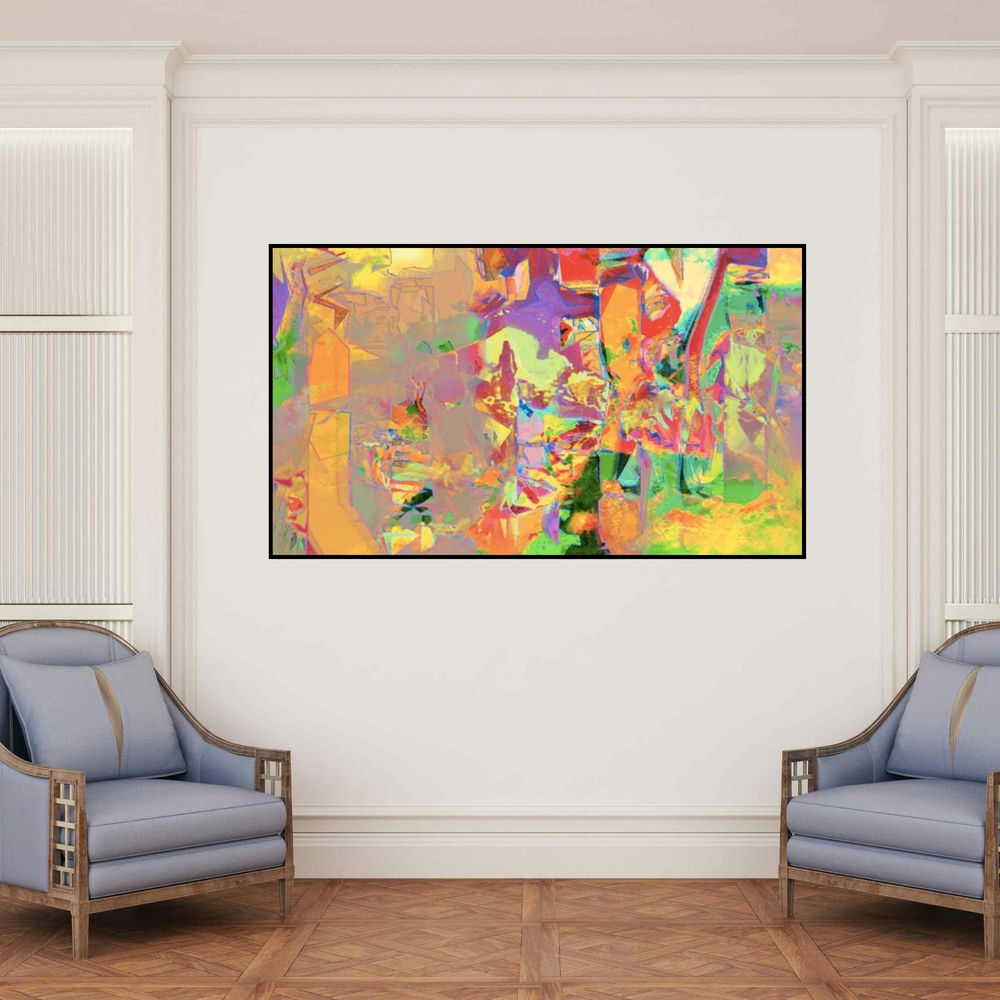 'Untitled 9 (Abstract Urban Vision)' painting by Sunil Balkawade shown on a wall in a furnished room.
