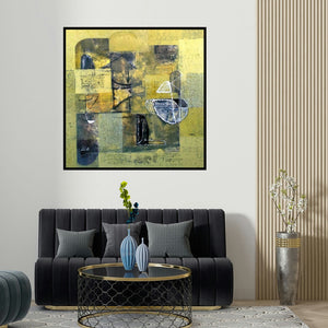 Vivek Nimbolkar's 'Untitled 9 (Golden Reverie)' painting visualized above a sofa in a contemporary room.