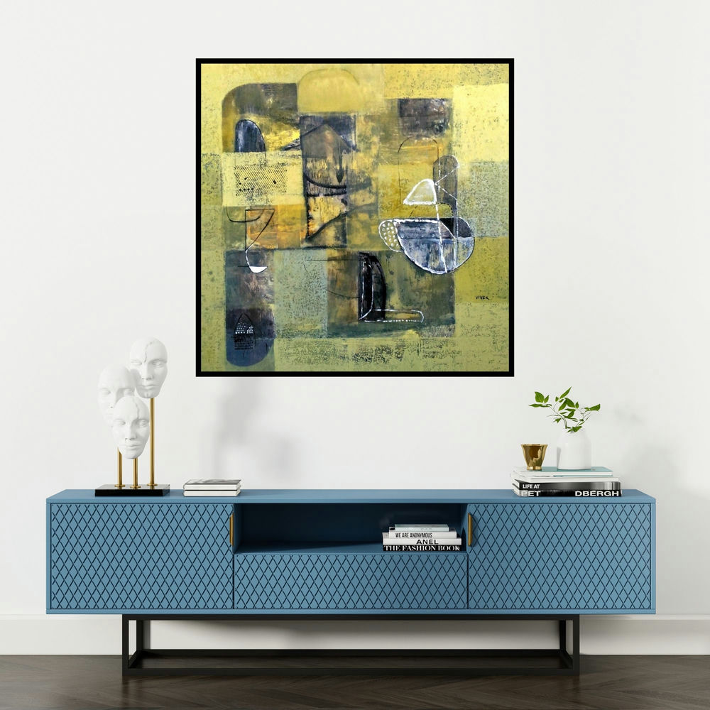 'Untitled 9 (Golden Reverie)' painting by Vivek Nimbolkar shown on a wall in a furnished room.