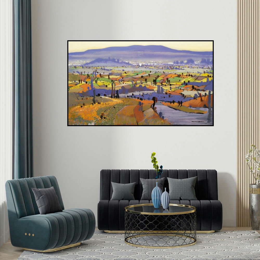 Hari Dhongade's 'Untitled 9 (A Verdant Vista)' painting visualized above a sofa in a contemporary room.