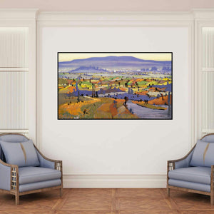 'Untitled 9 (A Verdant Vista)' painting by Hari Dhongade shown on a wall in a furnished room.