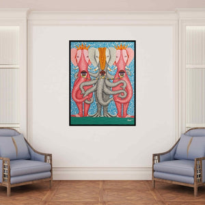 In-situ view of Arvind Dubey's 'Untitled 9 (Elephant Trio)' painting in a room