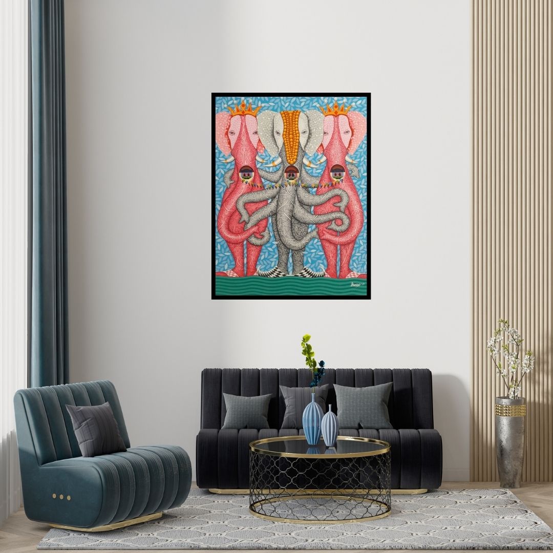 Preview of 'Untitled 9 (Elephant Trio)' Painting by Arvind Dubey shown on a wall in a furnished room.
