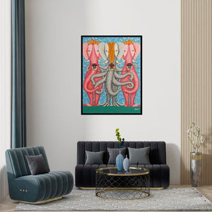 Preview of 'Untitled 9 (Elephant Trio)' Painting by Arvind Dubey shown on a wall in a furnished room.