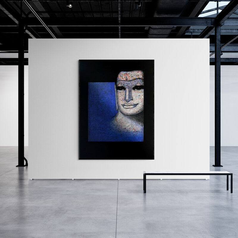 Prakaash Chandwadkar's painting 'Untitled 9 (Textured Buddha)' displayed in a modern living room setting