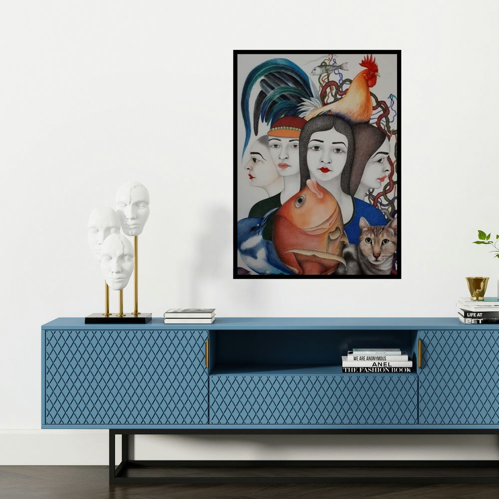 'Untitled 9 (The Serene Quartet)' painting by Rajesh Salagaonkar shown on a wall in a furnished room.