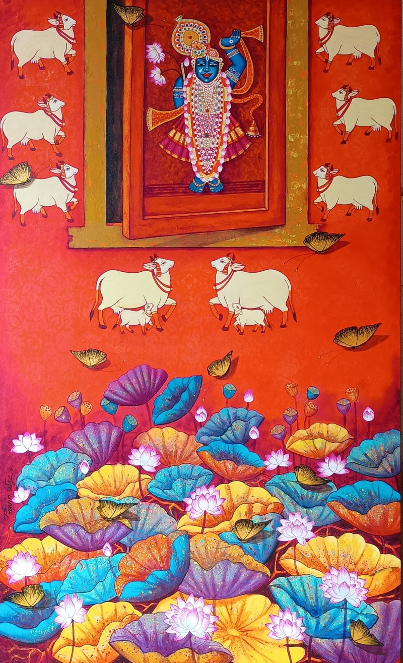 Untitled 9' religious acrylic painting by artist Pravin Utge, 60x36 inch, on canvas