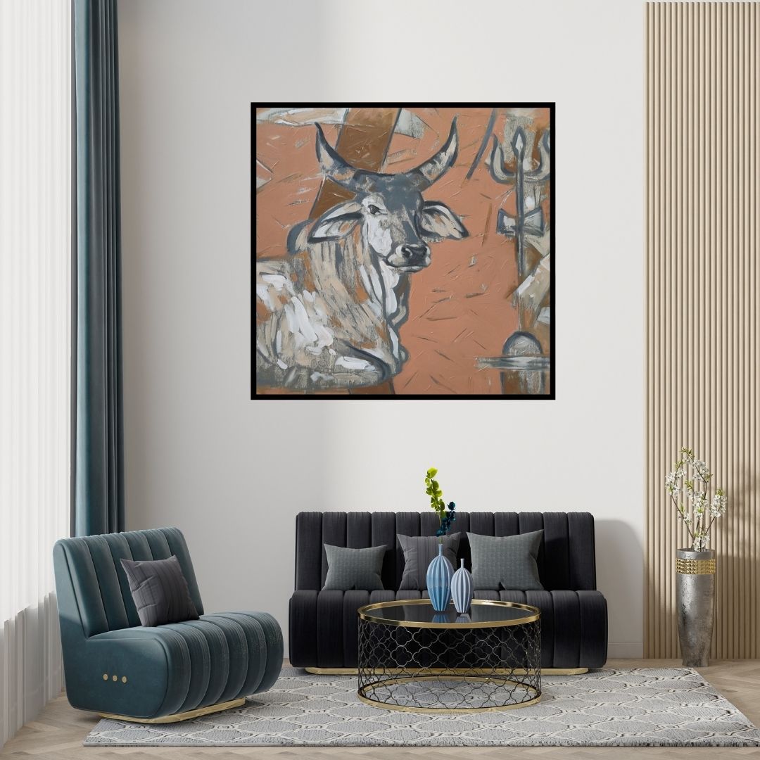 Preview of 'Untitled 94 (The Divine Presence)' Painting by Santoshkumar Patil shown on a wall in a furnished room.