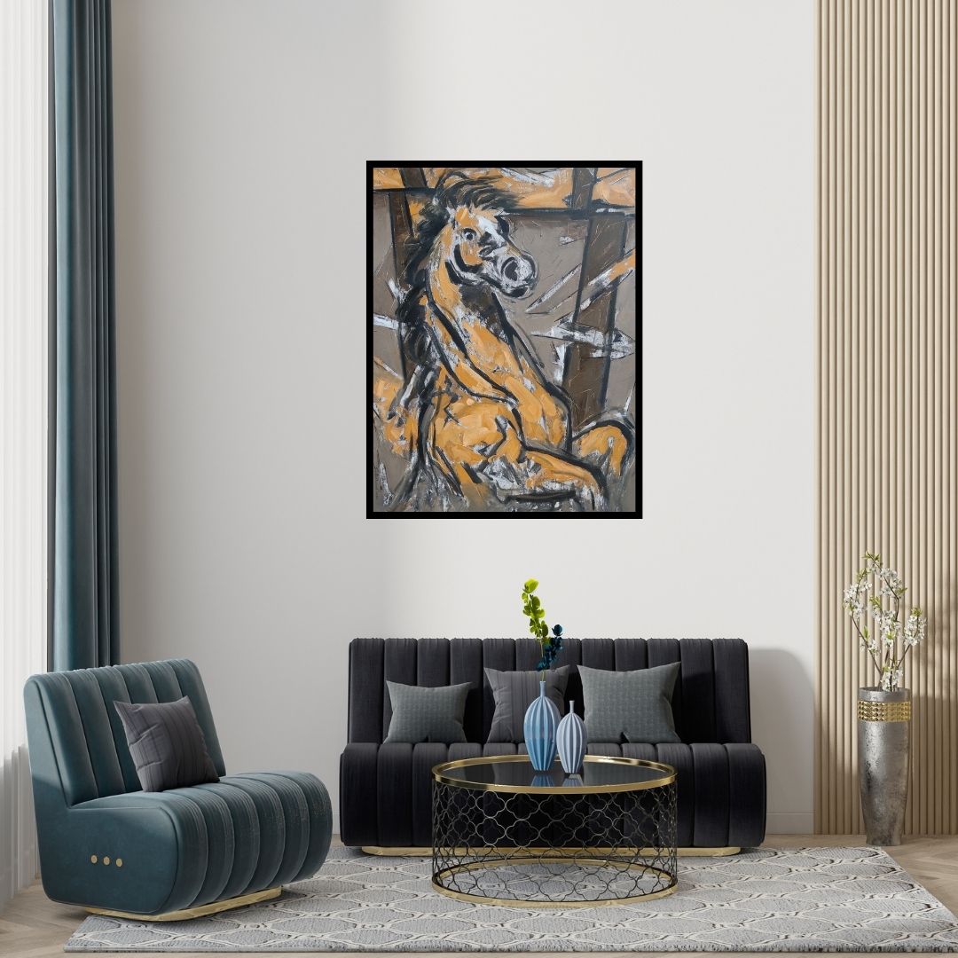 Preview of 'Untitled 95 (The Dreamer)' Painting by Santoshkumar Patil shown on a wall in a furnished room.