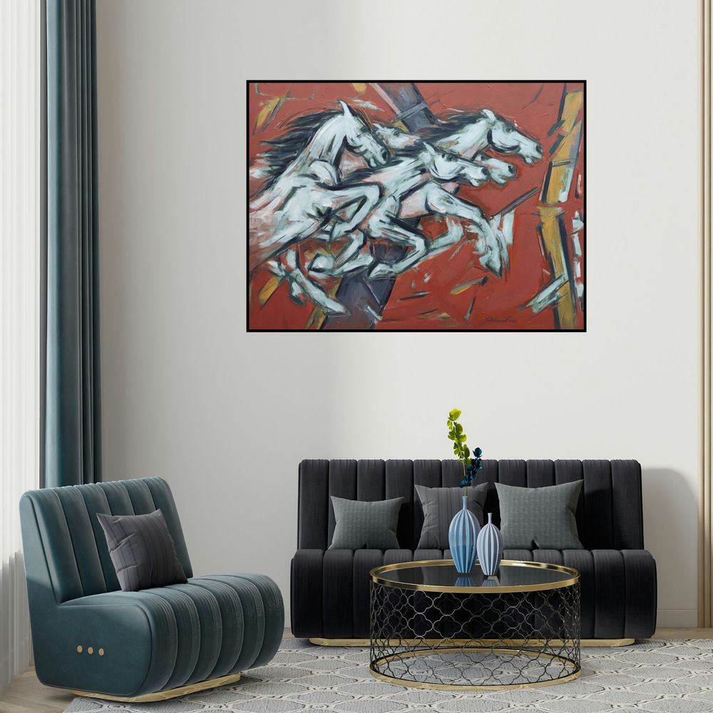 Santoshkumar Patil's 'Untitled 96 (The Stampede)' painting visualized above a sofa in a contemporary room.