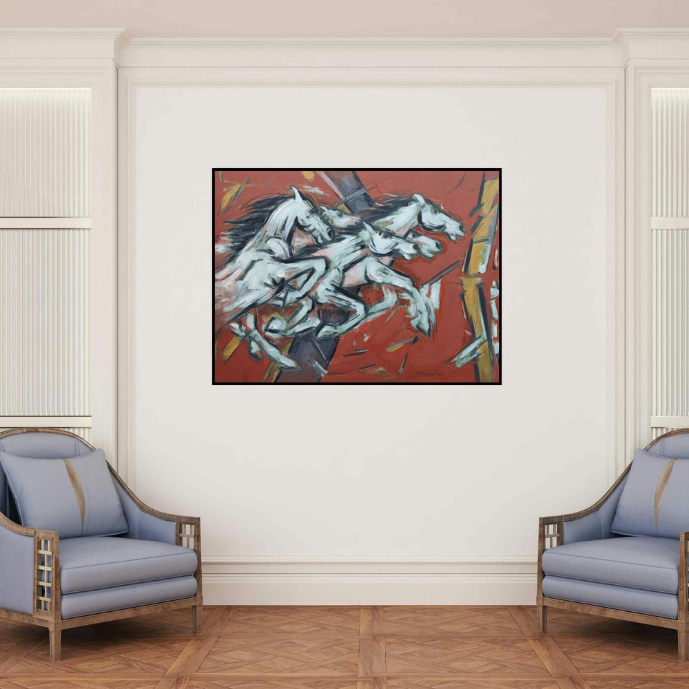 'Untitled 96 (The Stampede)' painting by Santoshkumar Patil shown on a wall in a furnished room.