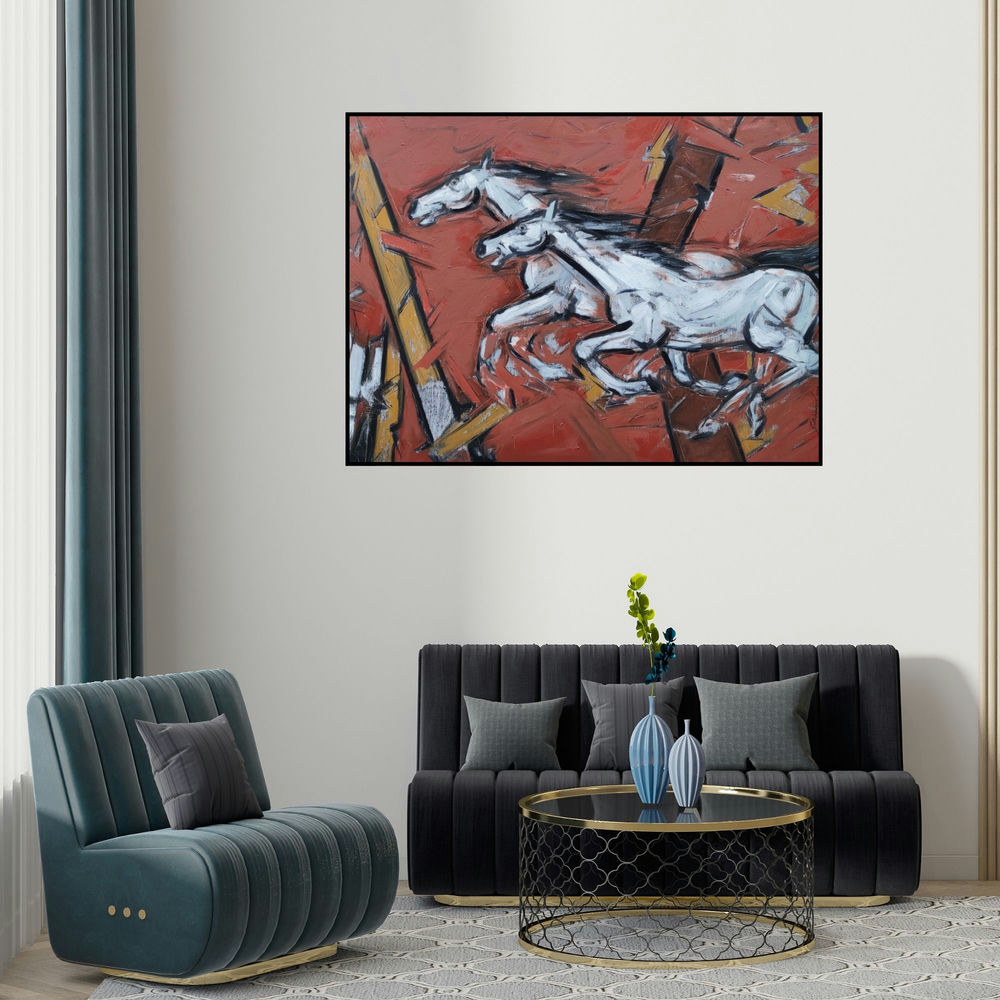 Santoshkumar Patil's 'Untitled 97 Available' painting visualized above a sofa in a contemporary room.