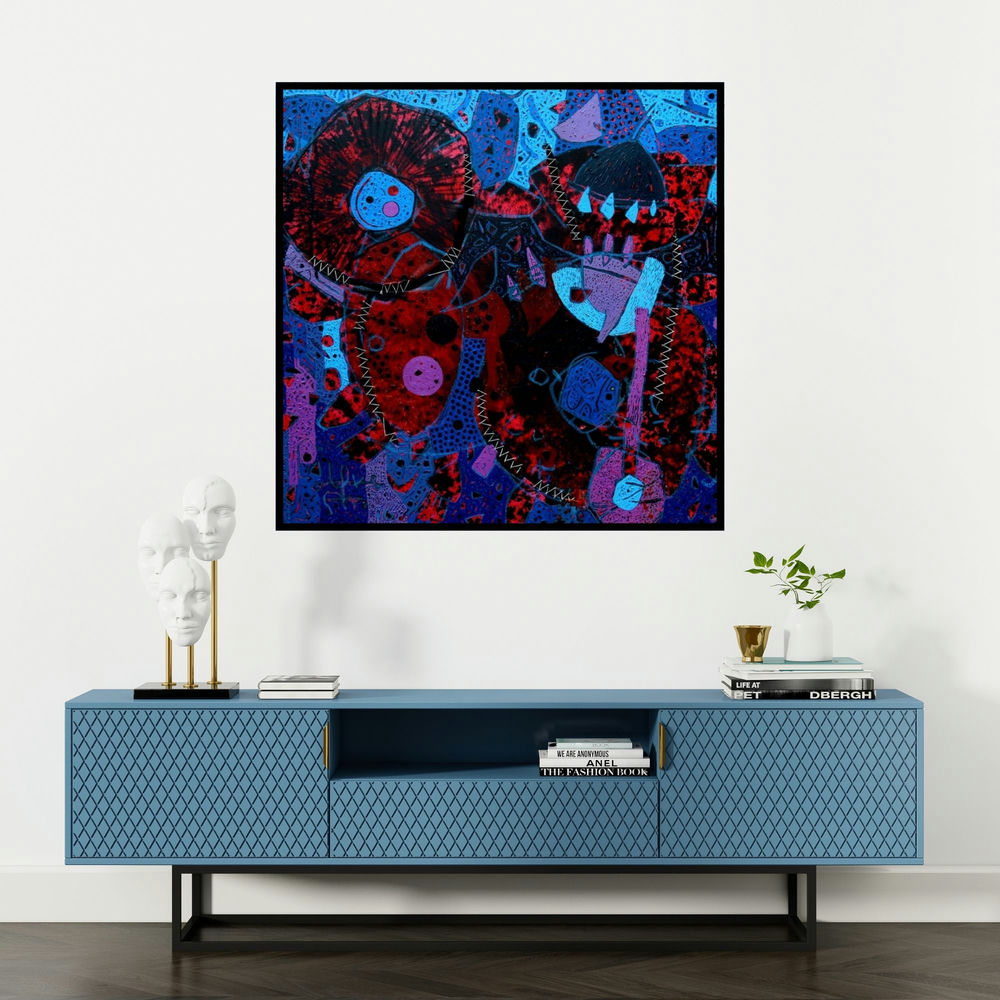 'Untitled E' painting by Pankaj Kumar Singh shown on a wall in a furnished room.