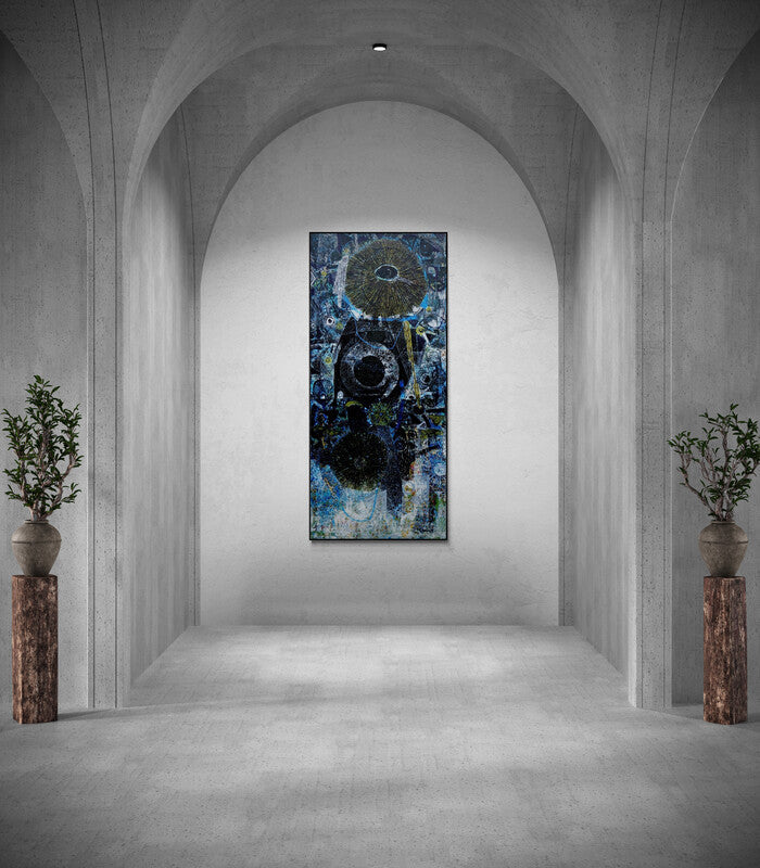 Preview of 'Untitled F (Cosmic Dance)' Painting by Pankaj Kumar Singh shown on a wall in a furnished room.