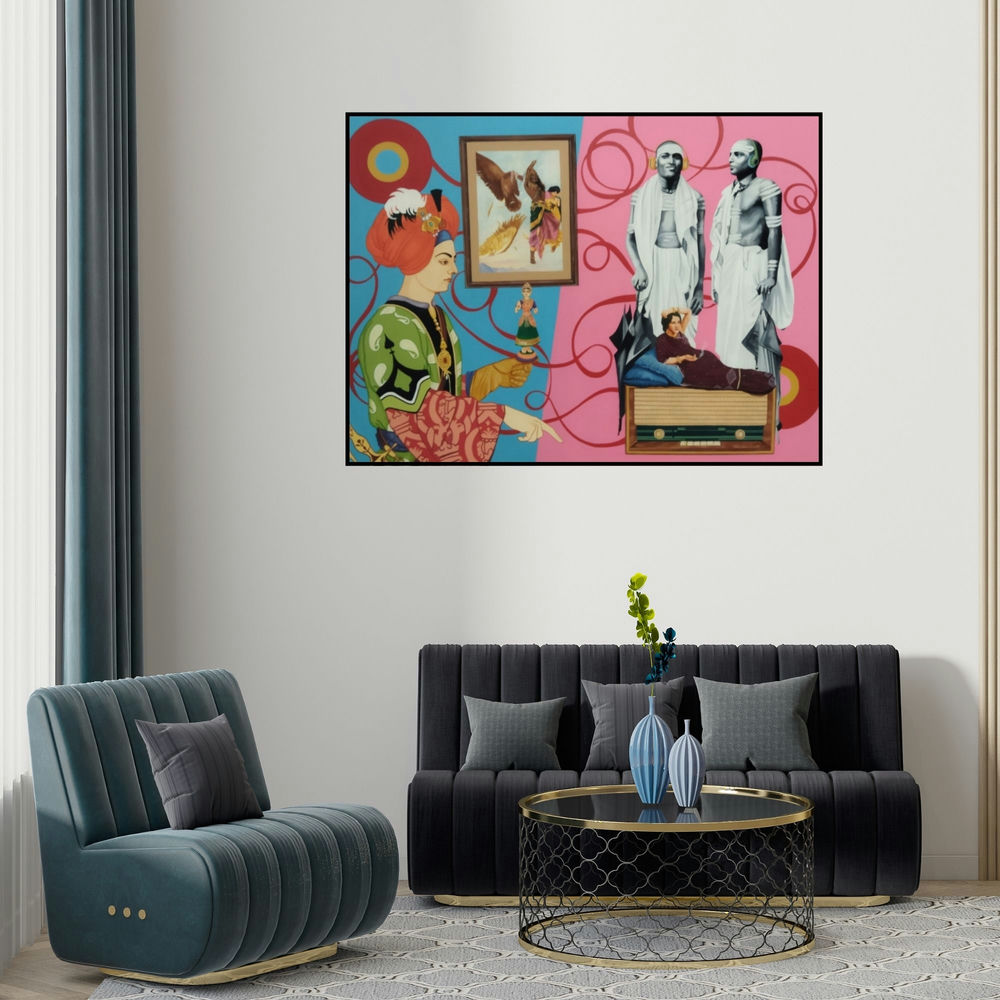 Shrikant Ranga's 'Untitled Freedom' painting visualized above a sofa in a contemporary room.