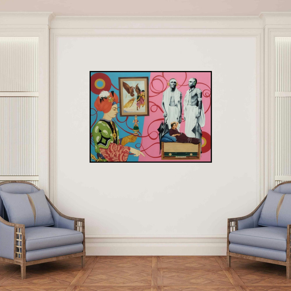 'Untitled Freedom' painting by Shrikant Ranga shown on a wall in a furnished room.