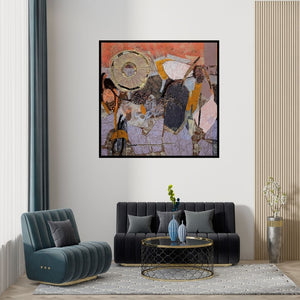 Preview of 'Untitled J (Cosmic Bloom)' Painting by Pankaj Kumar Singh shown on a wall in a furnished room.