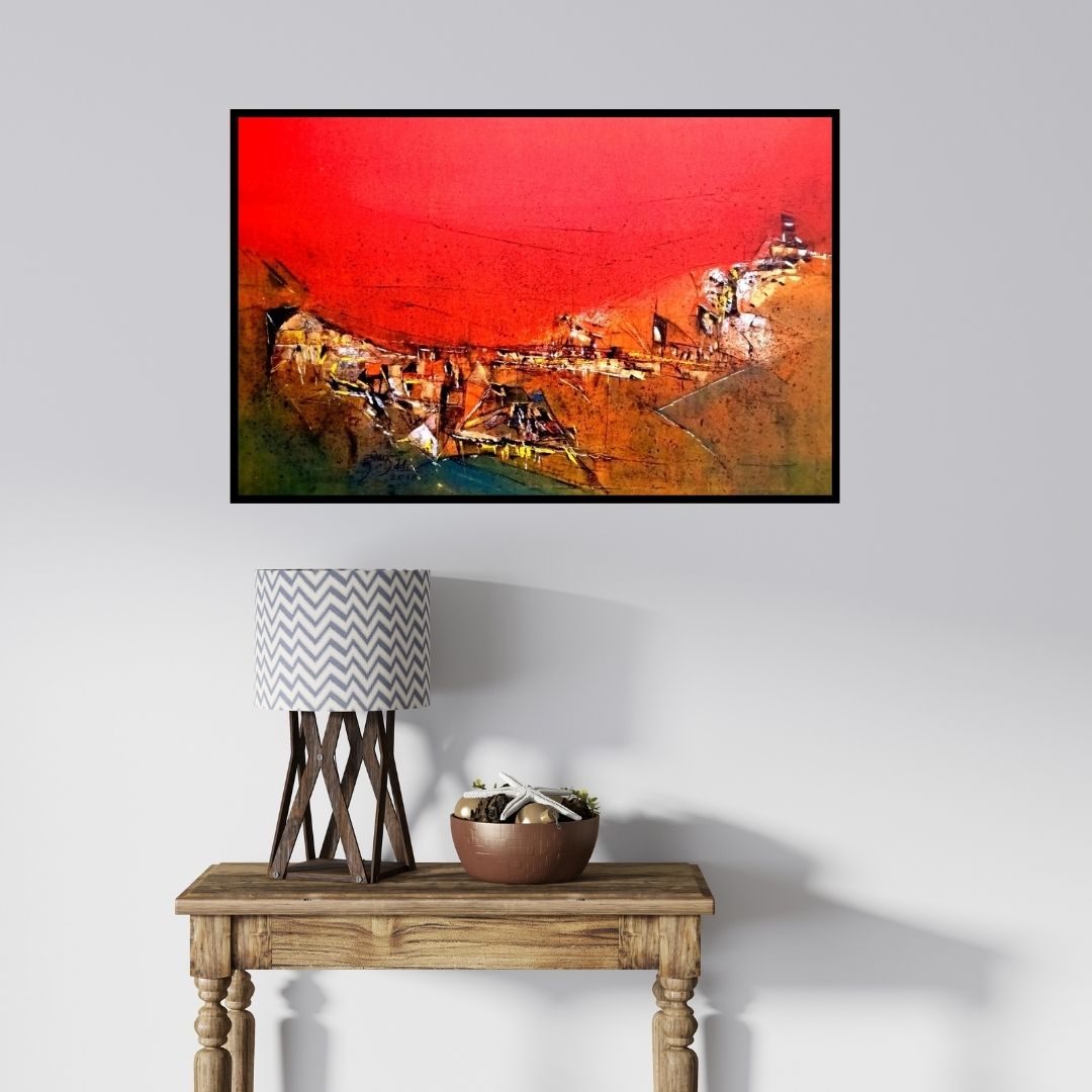 In-situ view of Dnyaneshwar Dhavale's 'Untitled Red 14' painting in a room