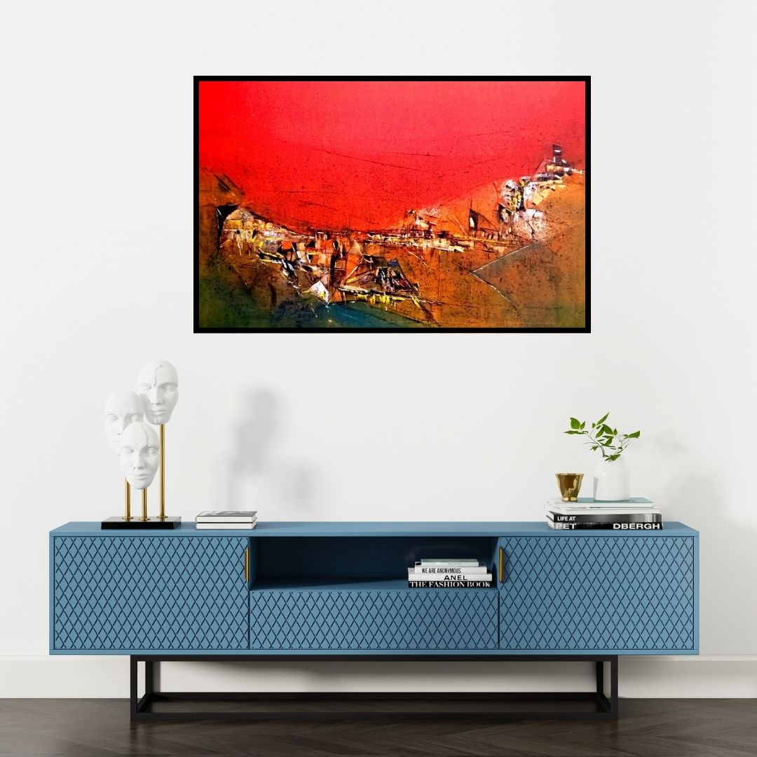 Preview of 'Untitled Red 14' Painting by Dnyaneshwar Dhavale shown on a wall in a furnished room.