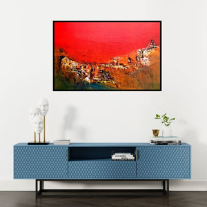 Preview of 'Untitled Red 14' Painting by Dnyaneshwar Dhavale shown on a wall in a furnished room.