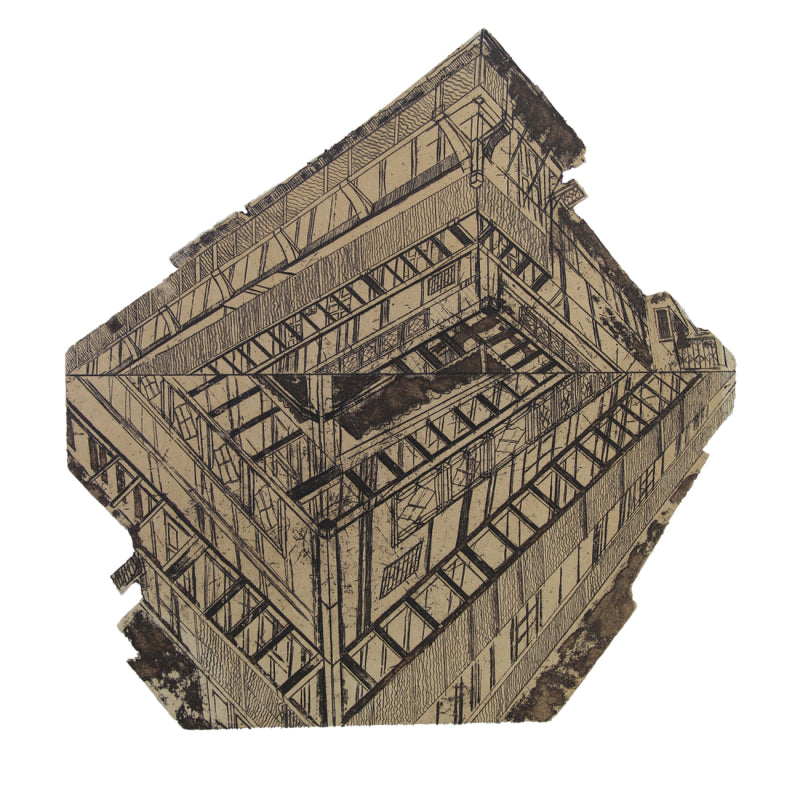 'Upside Down' landscape etching printmaking by artist Pooja Shinde, 12x12 inch, on paper