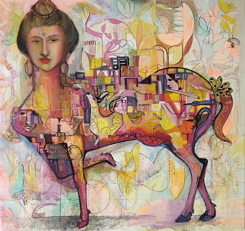 Urban Angela' contemporary acrylic painting by artist Madan Lal, 30x30 inch, on canvas