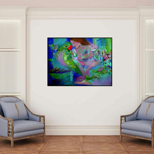 'Urban Emotion 3 (Untitled)' painting by Madan Lal shown on a wall in a furnished room.