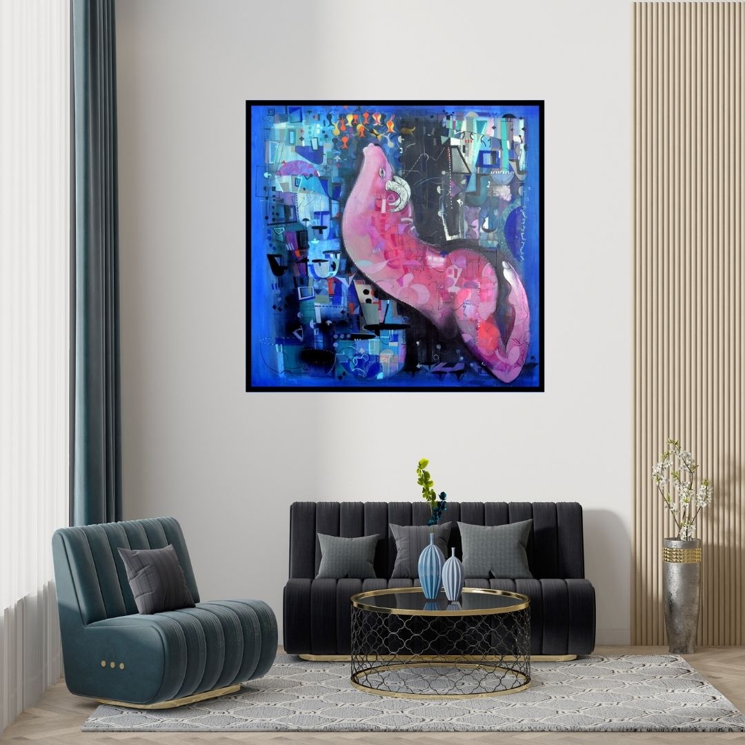 Preview of 'Urban Emotion (Untitled)' Painting by Madan Lal shown on a wall in a furnished room.