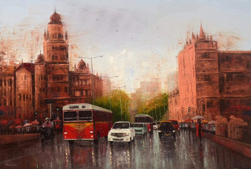 'Urban Emotions 2' cityscape oil painting by artist Purnendu Mandal, 48x72 inch, on canvas