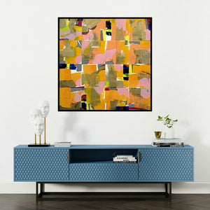 'Urban Fantasy (Tessellated Dreams)' painting by Prabhinder Lall shown on a wall in a furnished room.