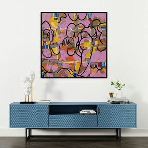 'Urban Glimpses' painting by Prabhinder Lall shown on a wall in a furnished room.