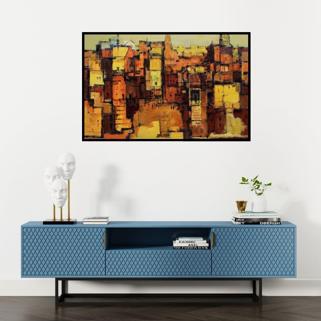 Preview of 'Urban Impressions' Painting by Gurudas Shenoy shown on a wall in a furnished room.