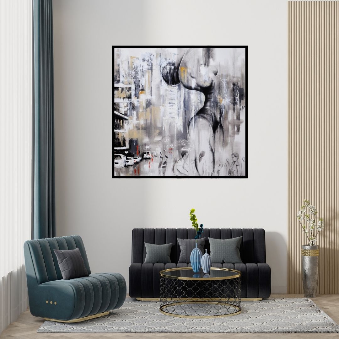 Preview of 'Urban Jungle 15 (City in Shadow)' Painting by Tejinder Ladi Singh shown on a wall in a furnished room.