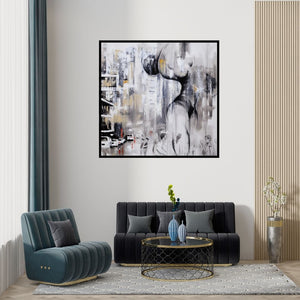 Preview of 'Urban Jungle 15 (City in Shadow)' Painting by Tejinder Ladi Singh shown on a wall in a furnished room.