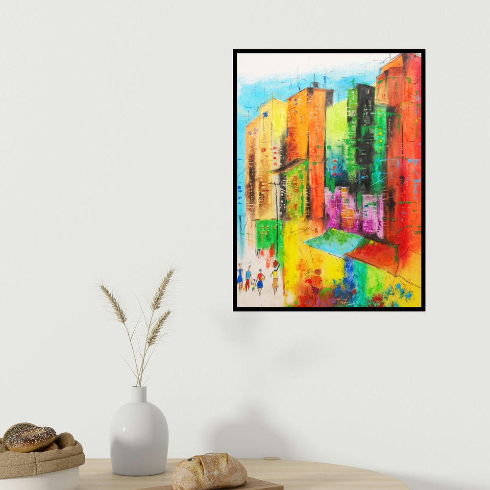 Tejinder Ladi Singh's 'Urban Jungle 5 (Urban Rhythms)' painting visualized above a sofa in a contemporary room.