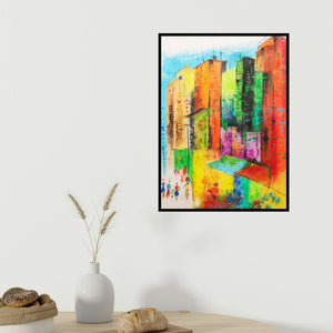 Tejinder Ladi Singh's 'Urban Jungle 5 (Urban Rhythms)' painting visualized above a sofa in a contemporary room.