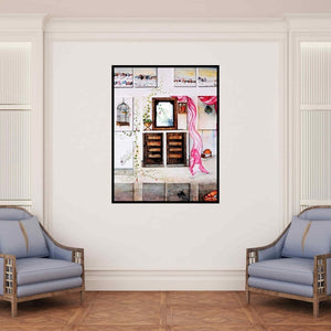 In-situ view of Digbijayee Khatua's 'Urban Landscape' painting in a room